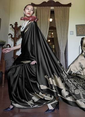 satin printed black saree with blouse fabric 2
