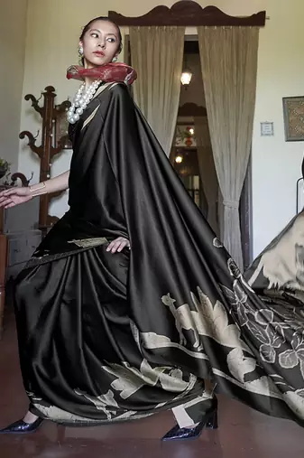 satin printed black saree with blouse fabric