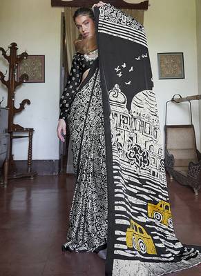 satin printed black saree with blouse fabric 1