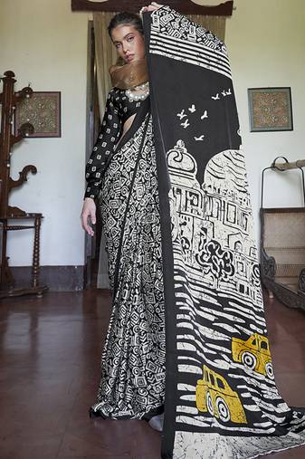 satin printed black casual saree