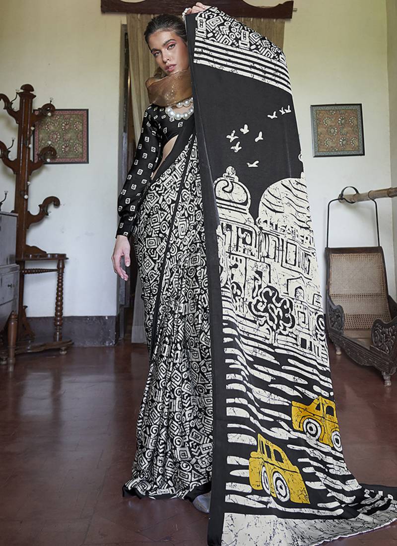 satin printed black casual saree
