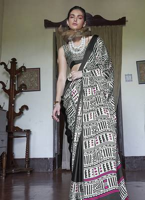 satin printed black and white saree with blouse fabric 1