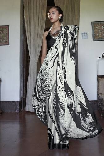 satin printed black and white casual saree