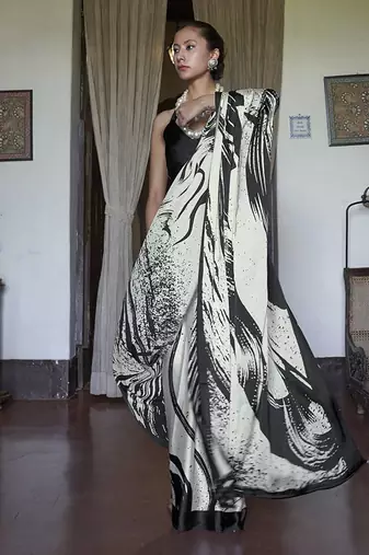 satin printed black and white casual saree