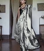 satin printed black and white casual saree
