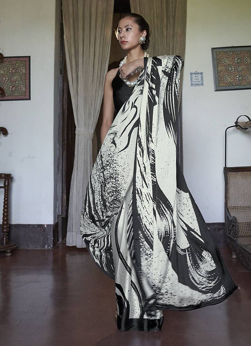 satin printed black and white casual saree