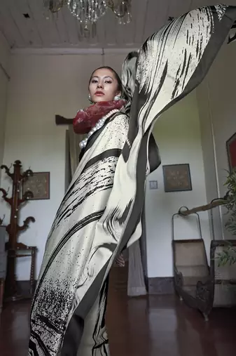 satin printed black and white saree with blouse fabric