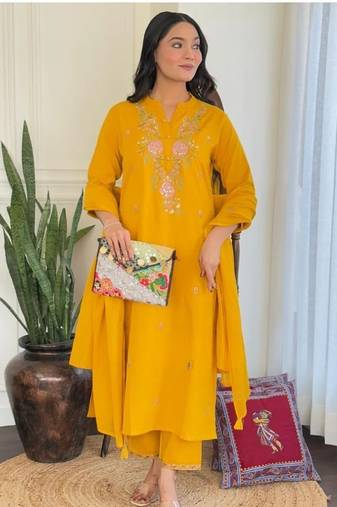 yellow rayon  embroidered straight kurta pant and dupatta set
