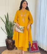 yellow rayon  embroidered straight kurta pant and dupatta set