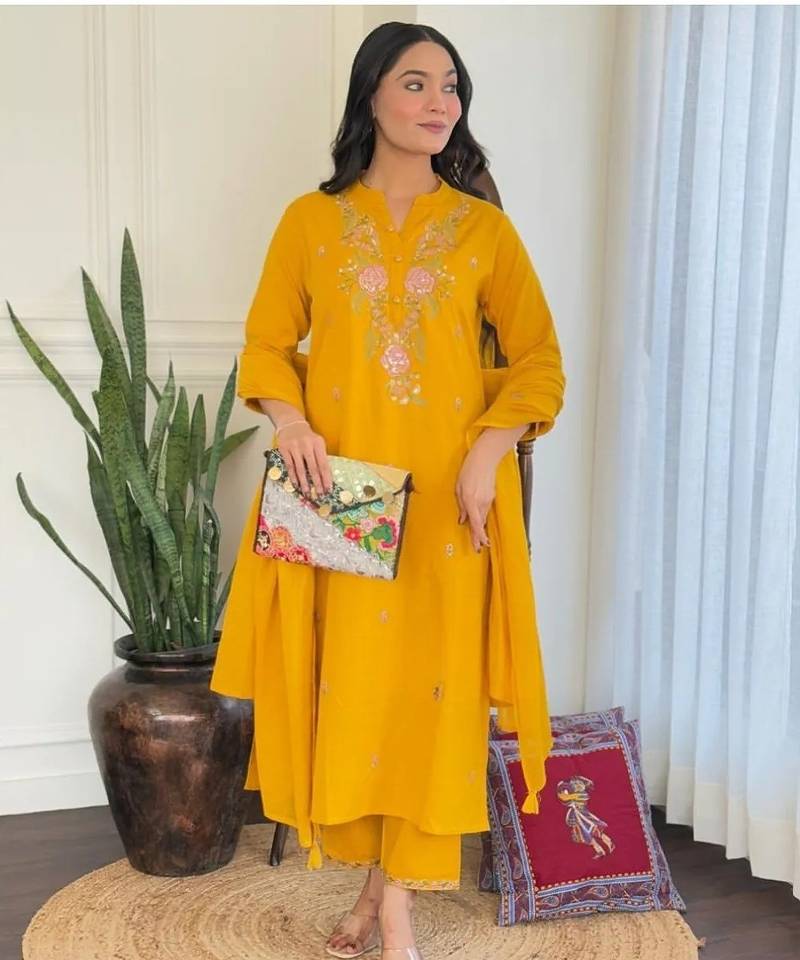 yellow rayon  embroidered straight kurta pant and dupatta set