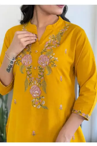 yellow rayon  embroidered straight kurta pant and dupatta set