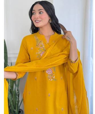 yellow rayon  embroidered straight kurta pant and dupatta set 3