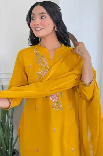 yellow rayon  embroidered straight kurta pant and dupatta set