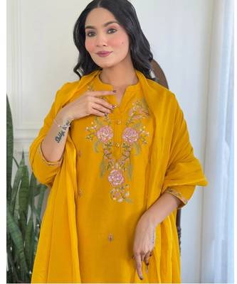 yellow rayon  embroidered straight kurta pant and dupatta set 4