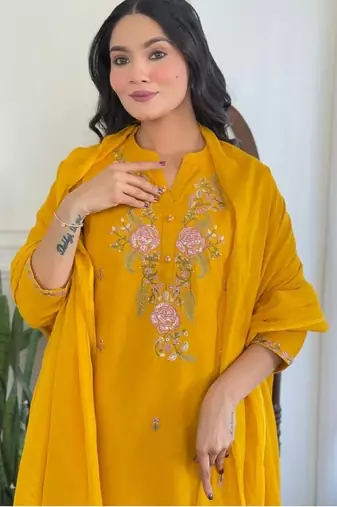 yellow rayon  embroidered straight kurta pant and dupatta set