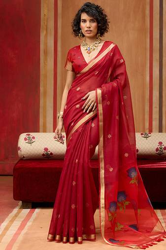 red handloom cotton blend weaving classic saree