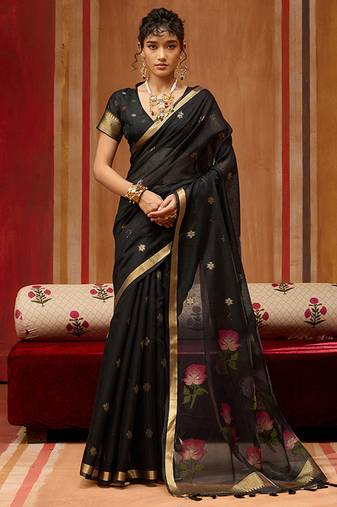 black handloom cotton blend weaving classic saree