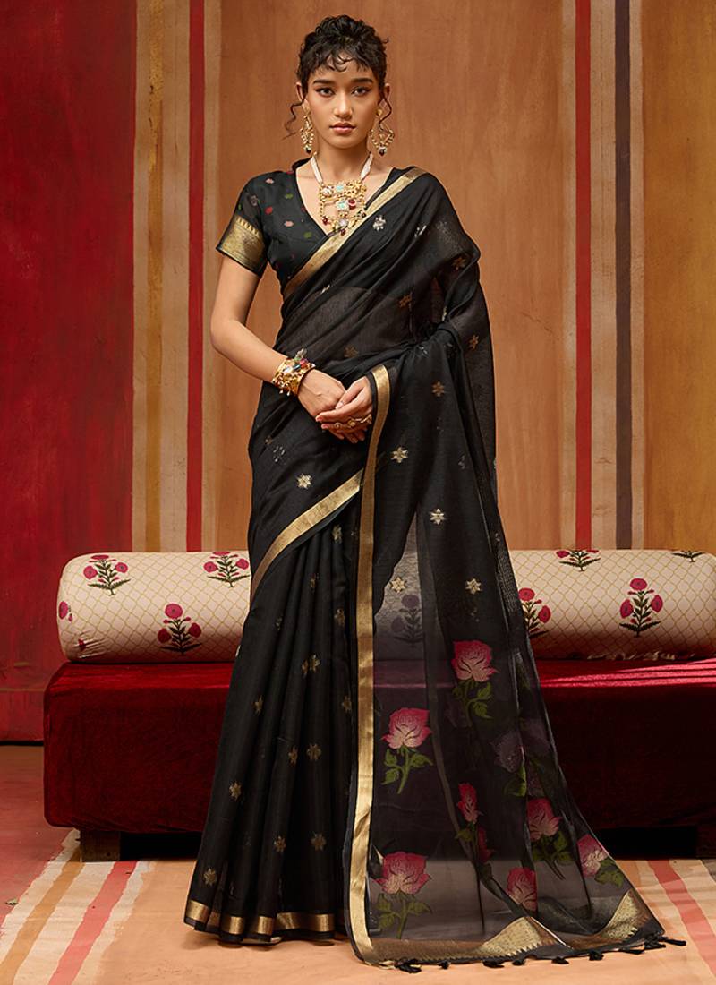black handloom cotton blend weaving classic saree