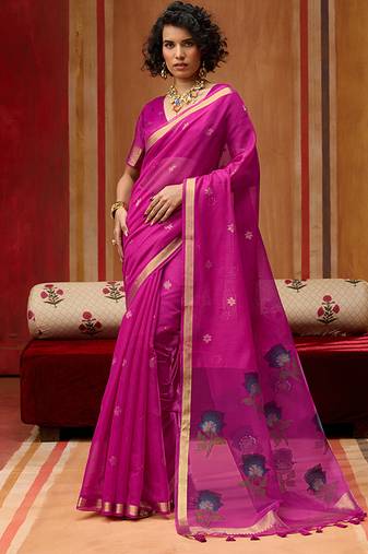 magenta handloom cotton blend weaving classic saree