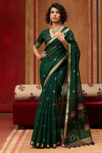 dark green handloom cotton blend weaving classic saree
