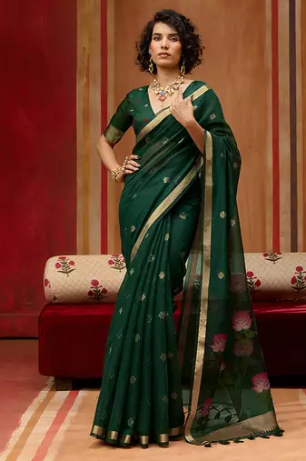dark green handloom cotton blend weaving classic saree