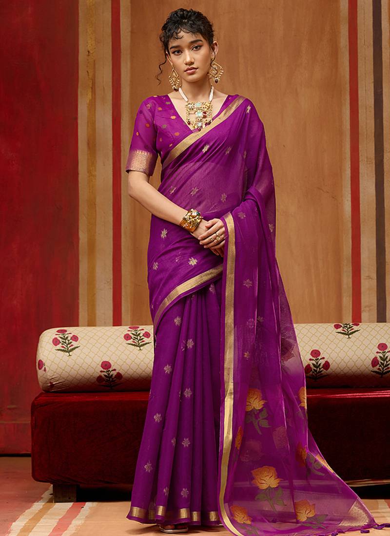 purple handloom cotton blend weaving classic saree