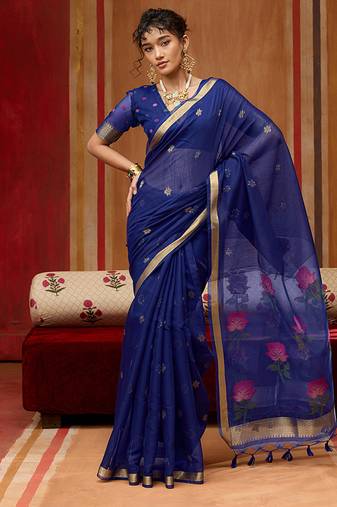 navy blue handloom cotton blend weaving classic saree