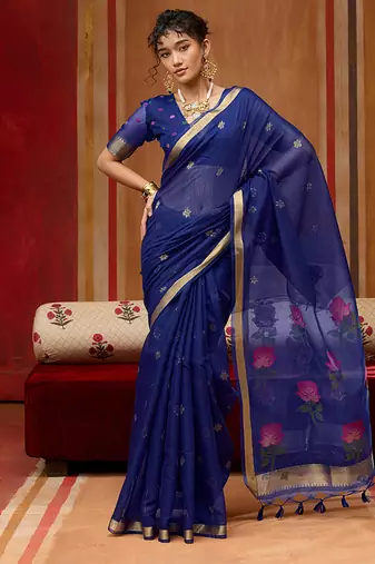 navy blue handloom cotton blend weaving classic saree