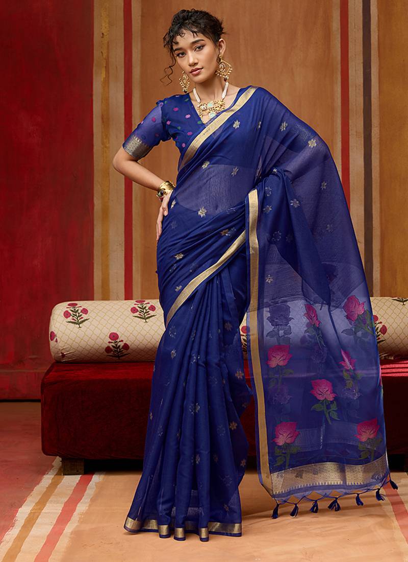 navy blue handloom cotton blend weaving classic saree