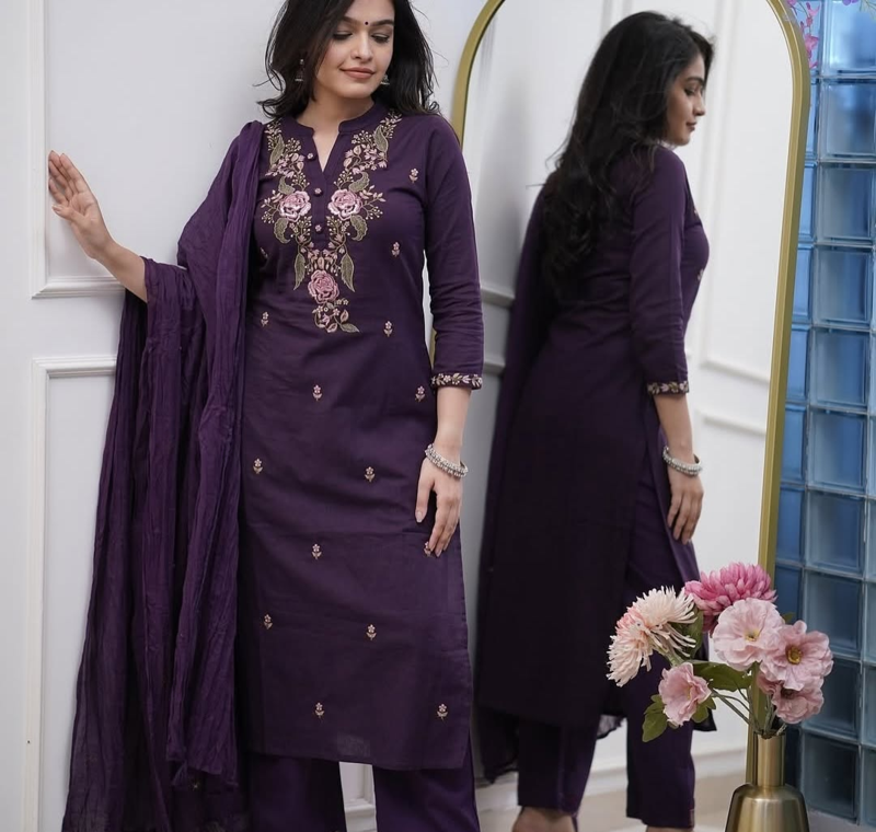 wine rayon  embroidered straight kurta pant and dupatta set