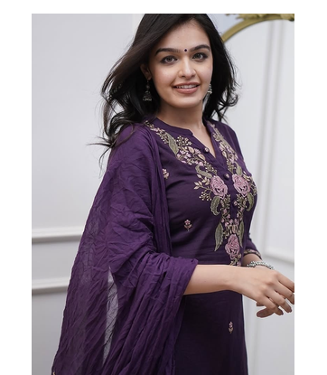 wine rayon  embroidered straight kurta pant and dupatta set 3