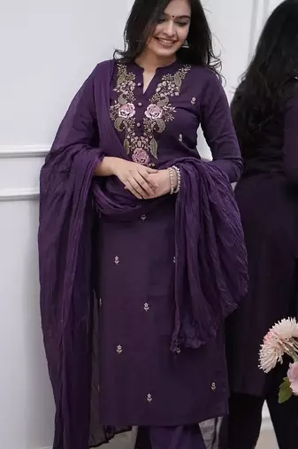 wine rayon  embroidered straight kurta pant and dupatta set