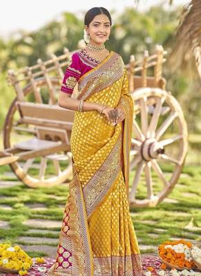 Yellow Woven Banarasi Silk Blend Saree With Blouse 1