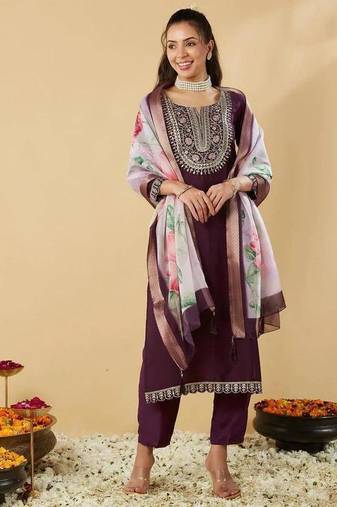 wine chanderi silk embroidered straight kurta pant and dupatta set