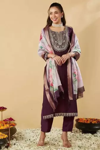 wine chanderi silk embroidered straight kurta pant and dupatta set