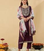 wine chanderi silk embroidered straight kurta pant and dupatta set