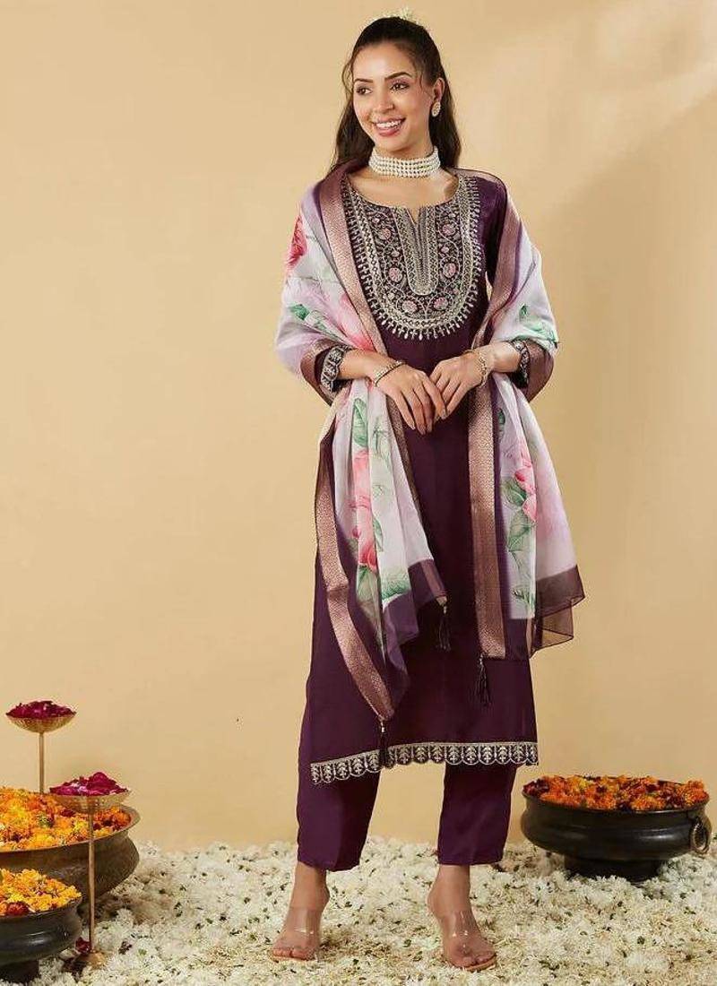 wine chanderi silk embroidered straight kurta pant and dupatta set