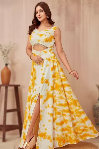 yellow shibori mirror work Anarkali