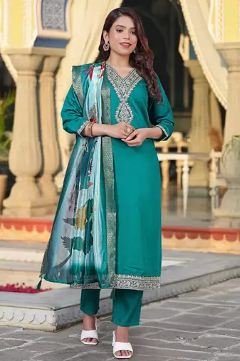 green viscose chanderi embroidered straight kurta pant and dupatta set