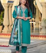 green viscose chanderi embroidered straight kurta pant and dupatta set