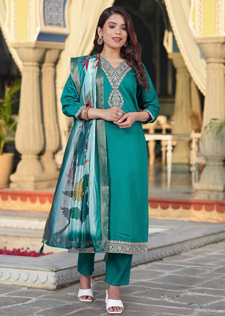 green viscose chanderi embroidered straight kurta pant and dupatta set