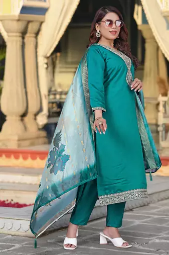 green viscose chanderi embroidered straight kurta pant and dupatta set