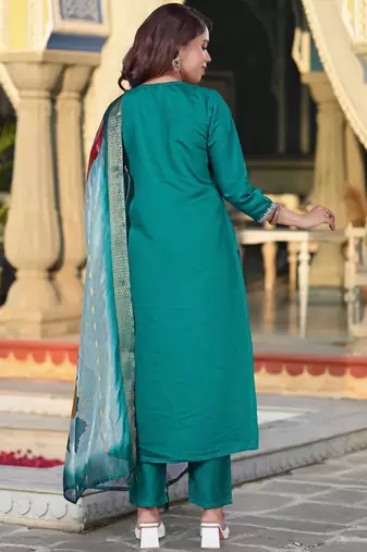 green viscose chanderi embroidered straight kurta pant and dupatta set