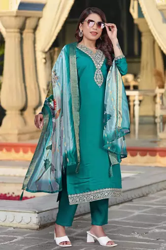 green viscose chanderi embroidered straight kurta pant and dupatta set