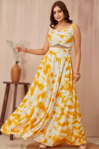 yellow shibori mirror work anarkali