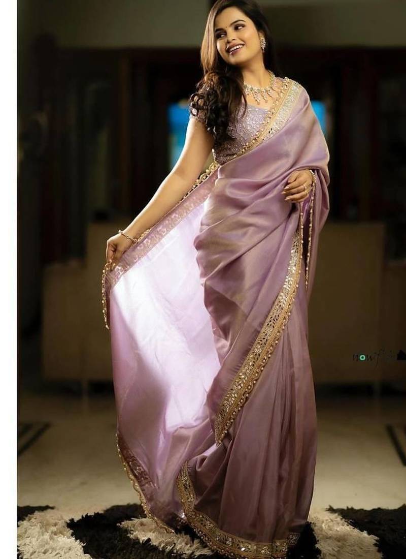 Lavender Color Embroidered Tissue Silk Blend Saree