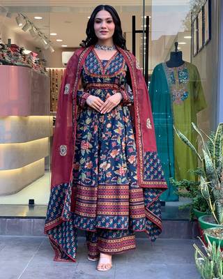 blue cotton printed flared kurta palazzo and dupatta set 1