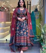 blue cotton printed flared kurta palazzo and dupatta set