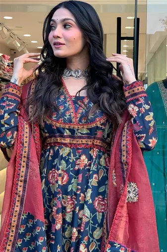blue cotton printed flared kurta palazzo and dupatta set