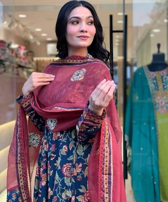blue cotton printed flared kurta palazzo and dupatta set 3